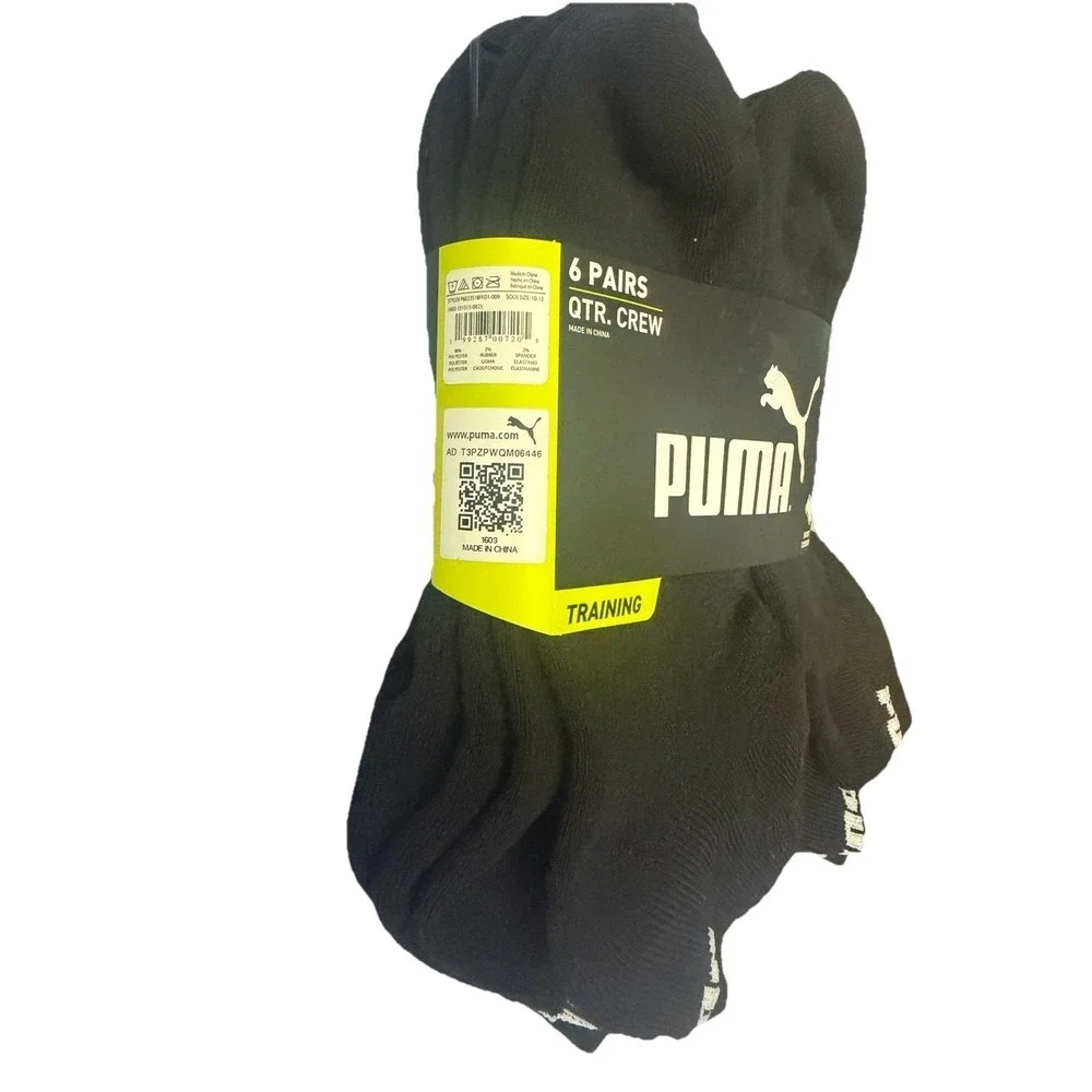 Puma Men's Training Cushioned Black Socks 6 Pairs Quarter‎ Crew Size 10-13 New